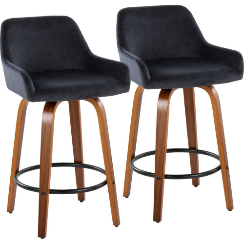Daniella 26" Swivel Counter Stool in Walnut Wood & Black Velvet with Black Footrest (Set of 2)